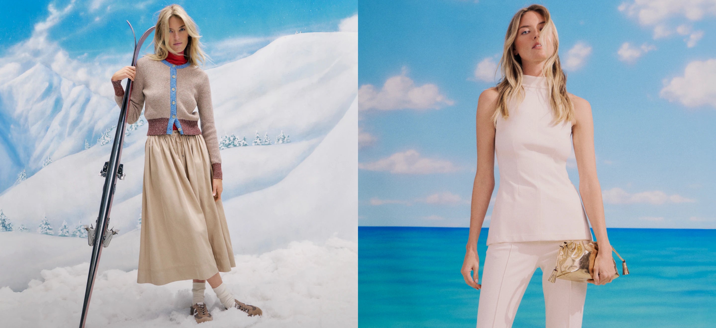 The image depicts two women in beachwear, one standing in a snowy landscape and the other on a beach with a vibrant blue ocean in the background.