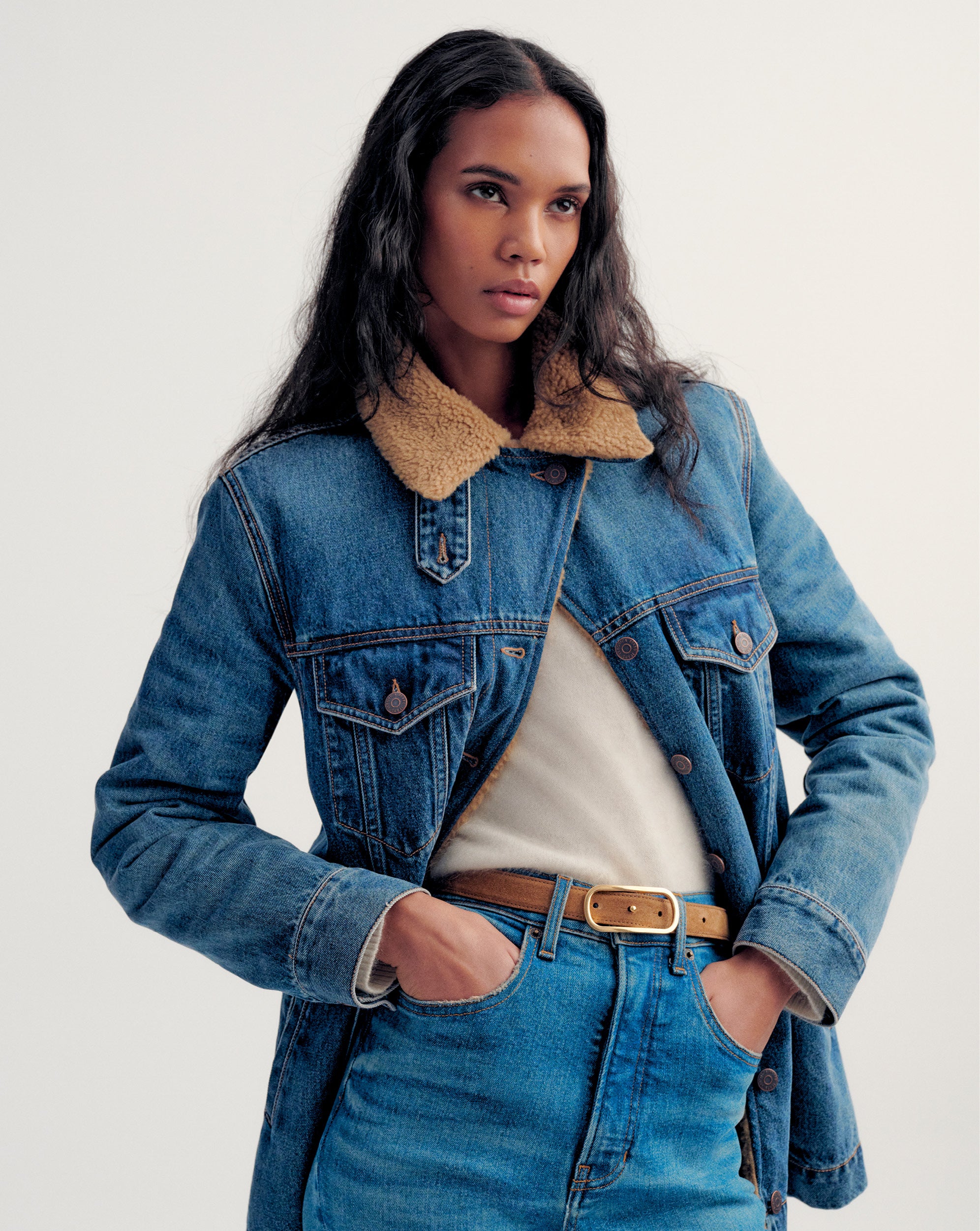 Donna Sherpa Denim Jacket in Medium Blue Wash | Veronica Beard