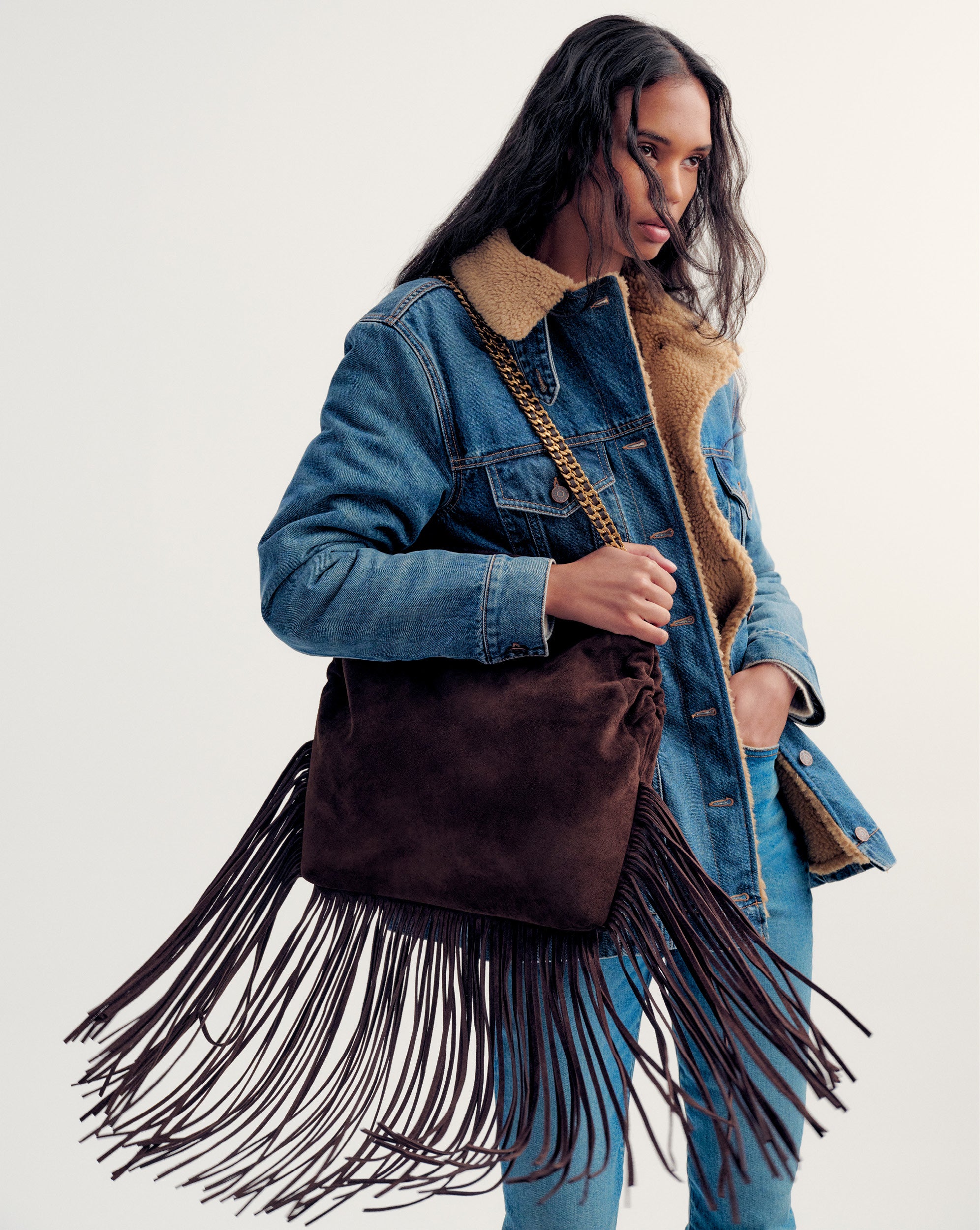 Large Suede Fringe Veronica Beard Slouch Bag in Brown Espresso