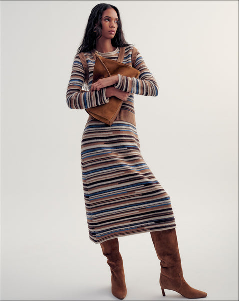 Sanders Knit Maxi Dress in Brown, Blue & White Stripes Dark Acorn
