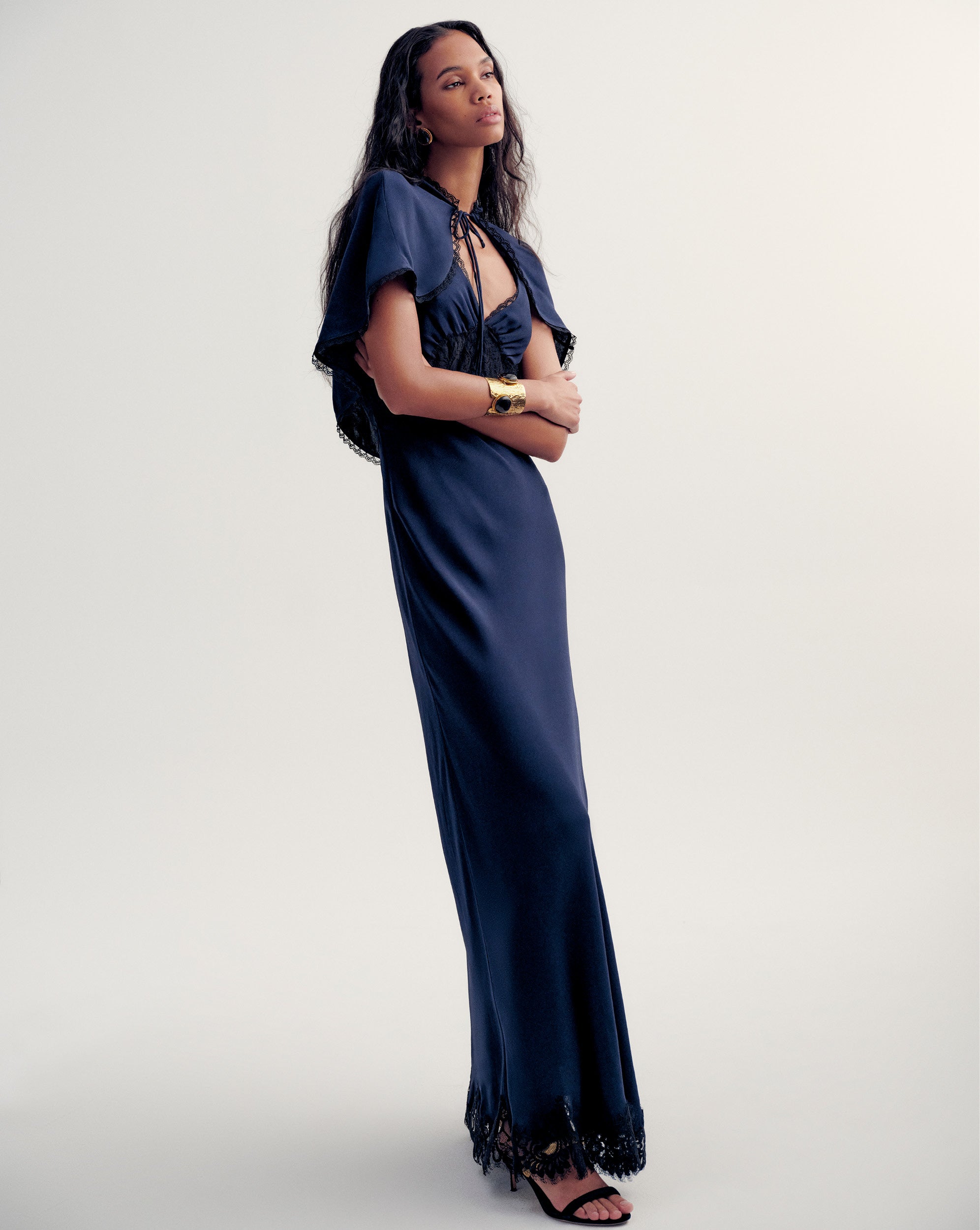 Muriel Lace-Trim Maxi Dress in Navy