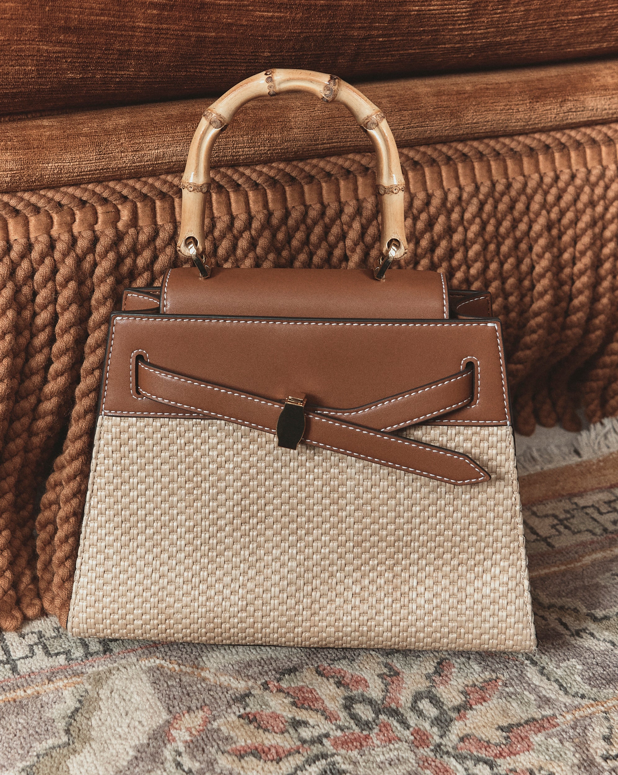Veronica Beard Raffia Dash Top-Handle Bag in Tan Leather Hazelwood