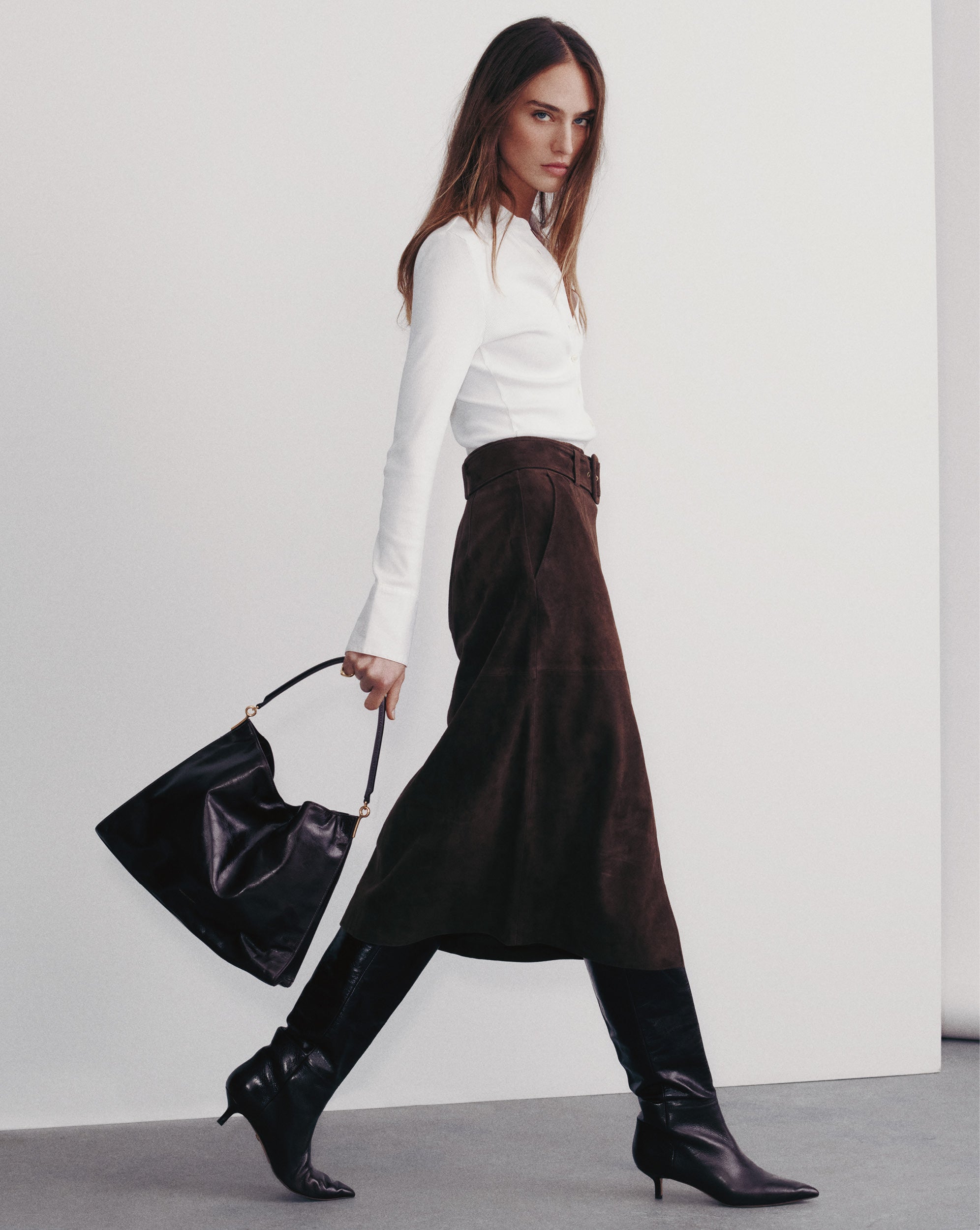 Alexie Suede Midi Skirt in Mocha Brown | Veronica Beard