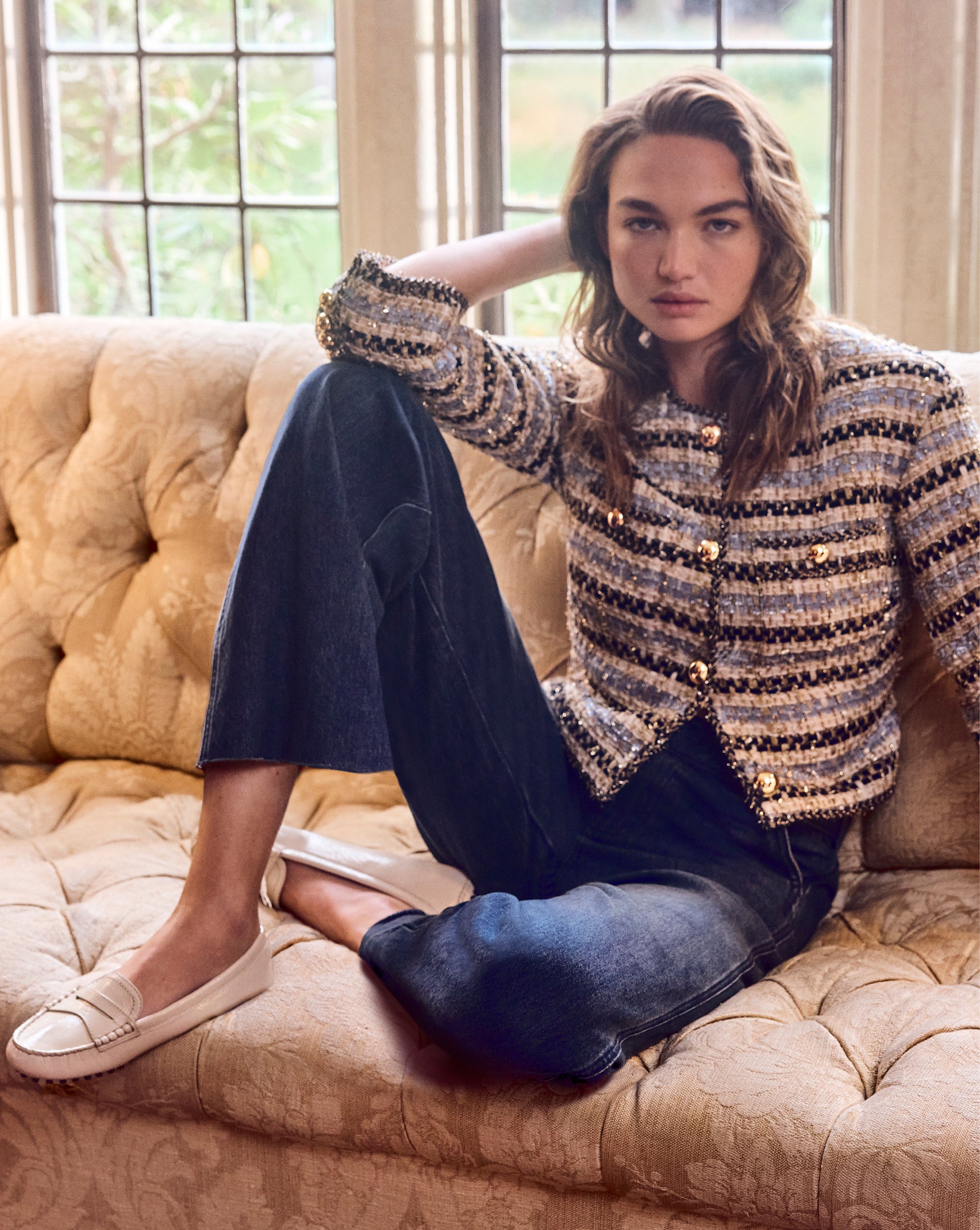 Sumira Metallic Tweed Jacket in Blue & Ivory | Veronica Beard