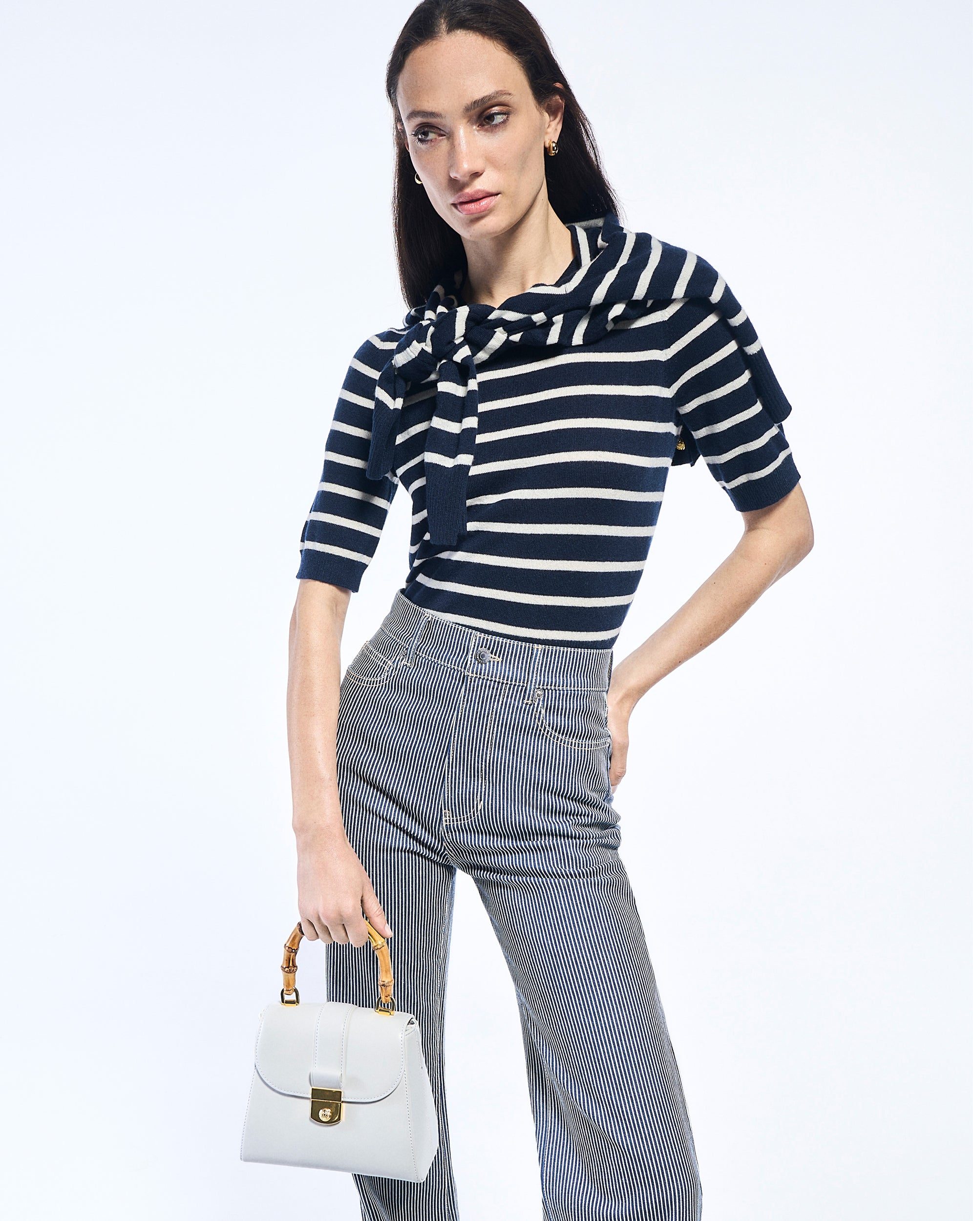 Shana Cashmere Striped Half Sleeve Sweater in Navy/Ivory