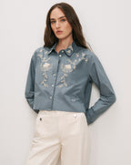Veronica Beard Blue embroidered cotton poplin shirt