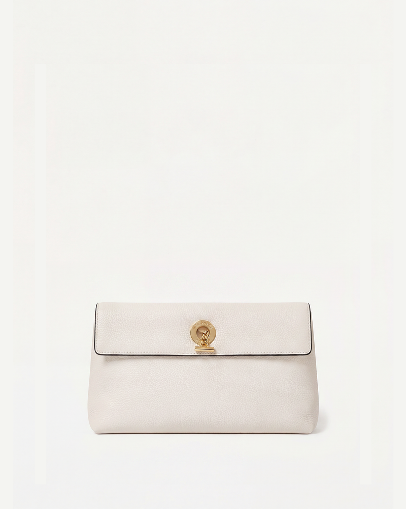 Veronica Beard White leather clutch with gold clasp.