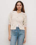 Veronica Beard Cream open-knit cardigan with gold buttons and patch