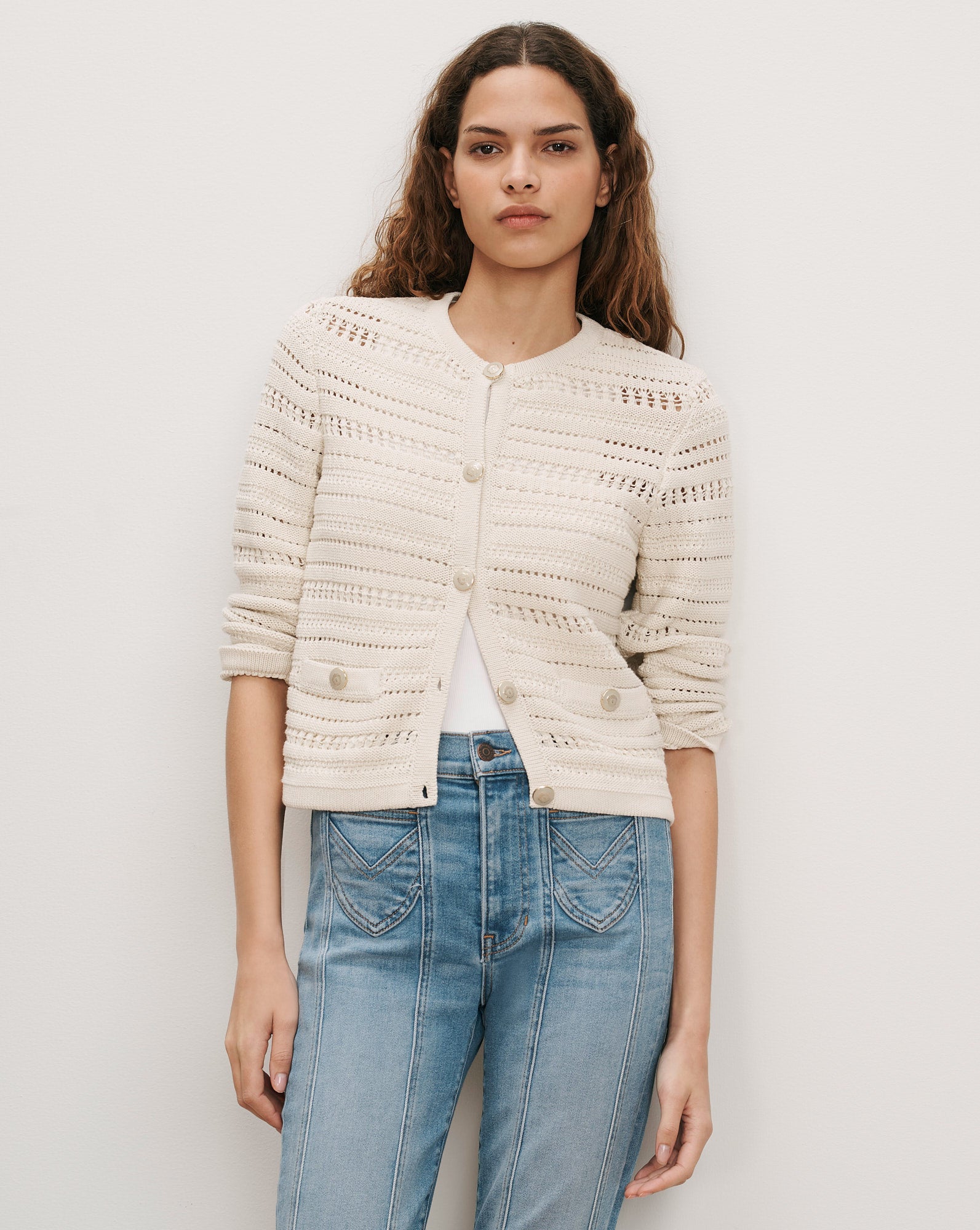Veronica Beard Cream open-knit cardigan with gold buttons and patch