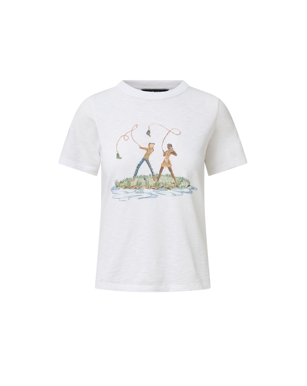 Veronica Beard White graphic t-shirt and blue geometric patchwork jeans.