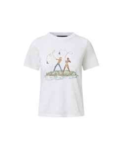 Veronica Beard White graphic t-shirt and blue geometric patchwork jeans.
