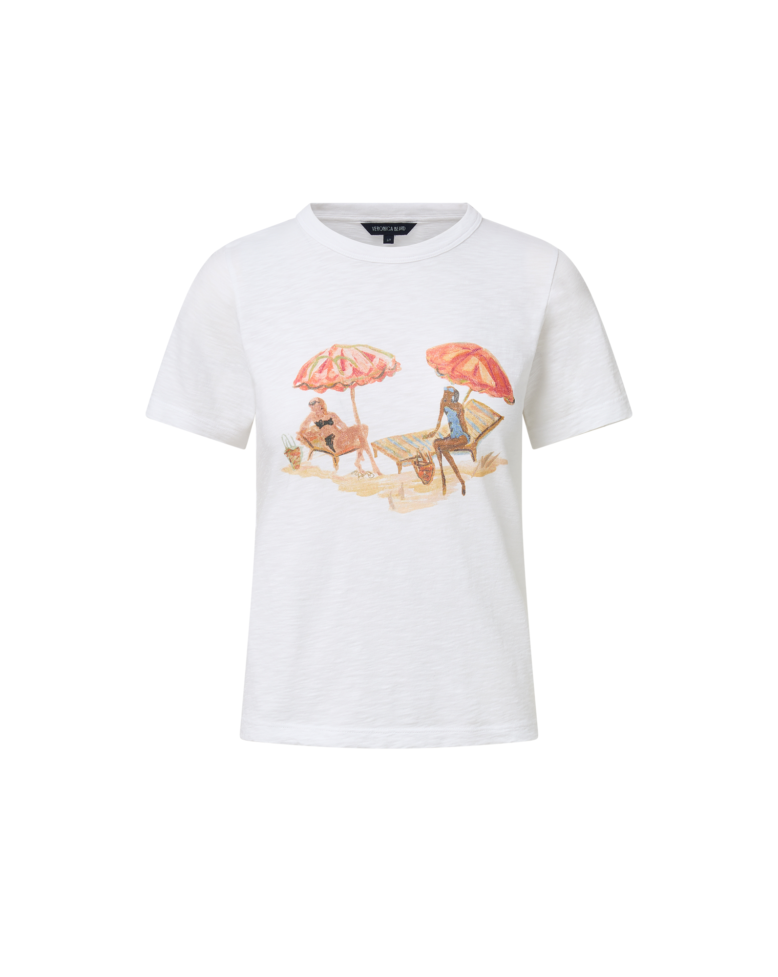 Veronica Beard White short-sleeve t-shirt with beach scene graphic.