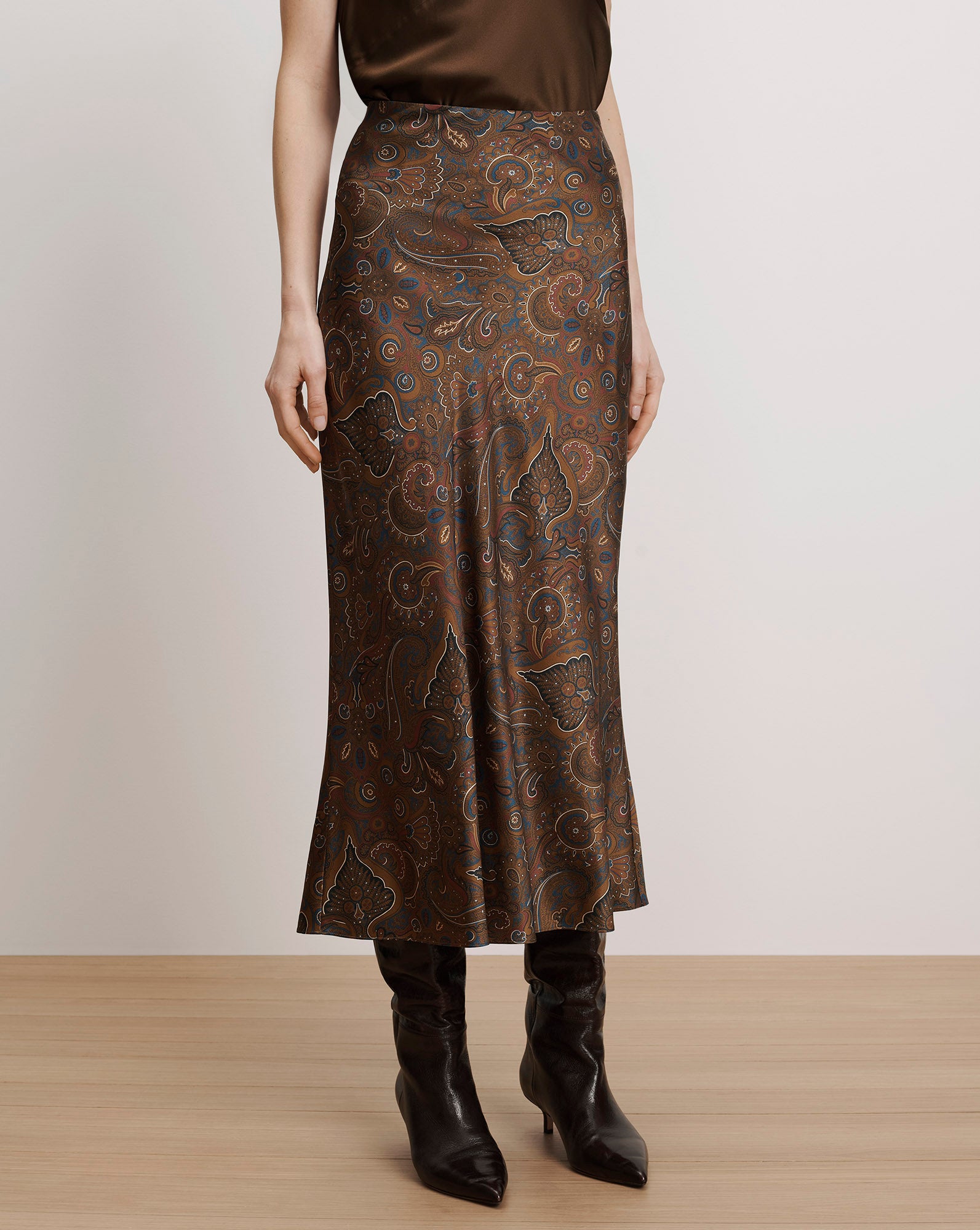 Clover Stretch-Silk Midi Skirt in Brown Paisley Walnut Multi