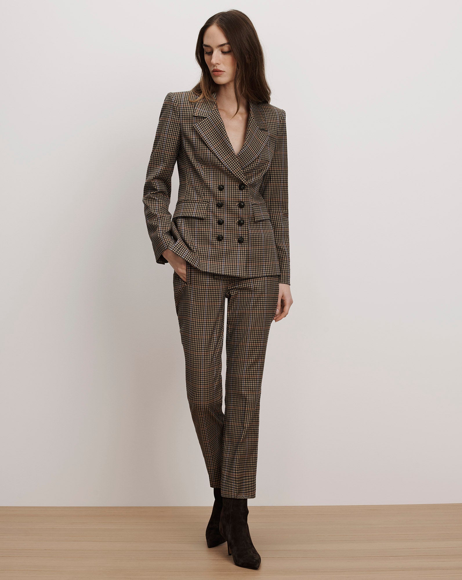 Claude Dickey Double-Breasted Jacket in Brown Houndstooth Russet