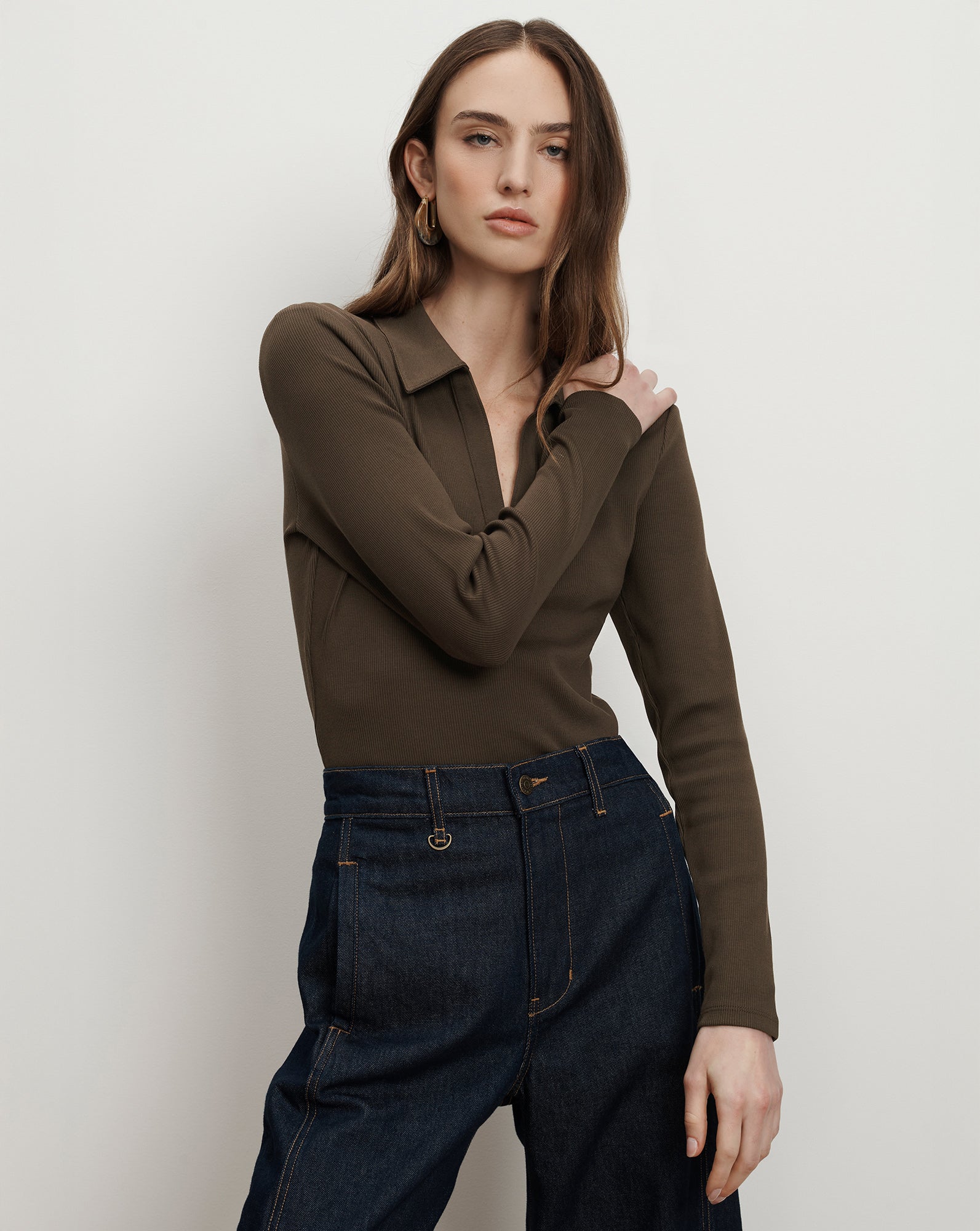 Kearney Long-Sleeve Polo in Brown Dark Umber | Veronica Beard