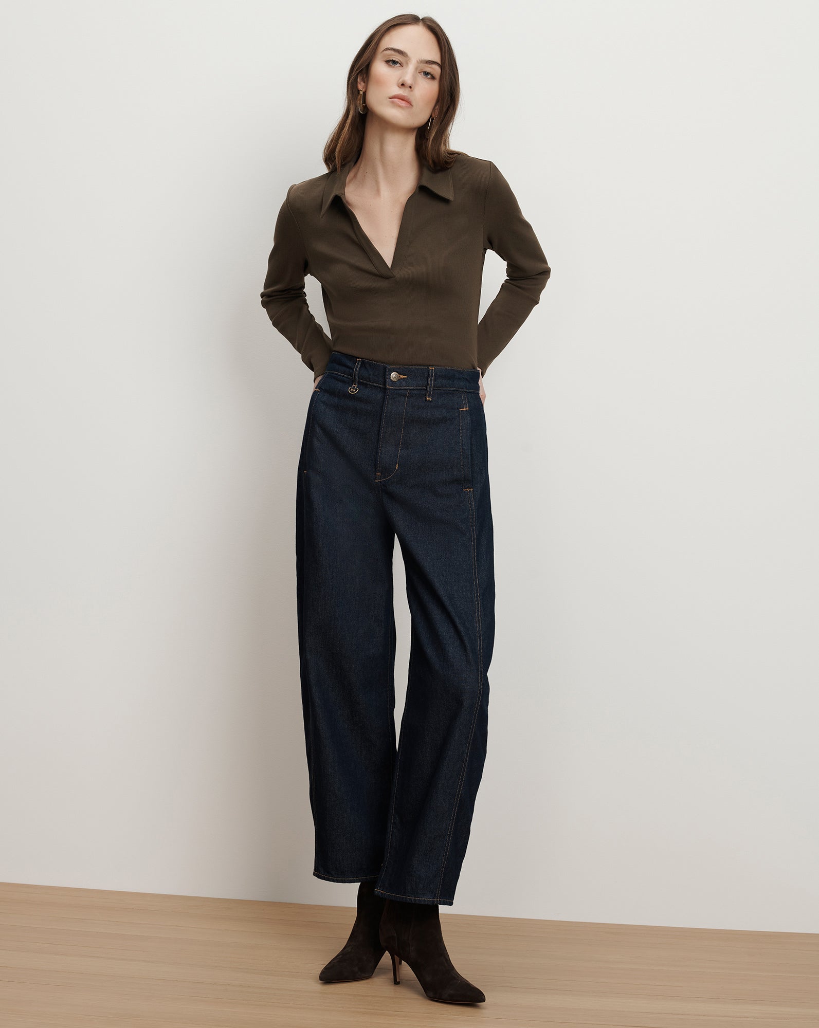 Kearney Long-Sleeve Polo in Brown Dark Umber | Veronica Beard