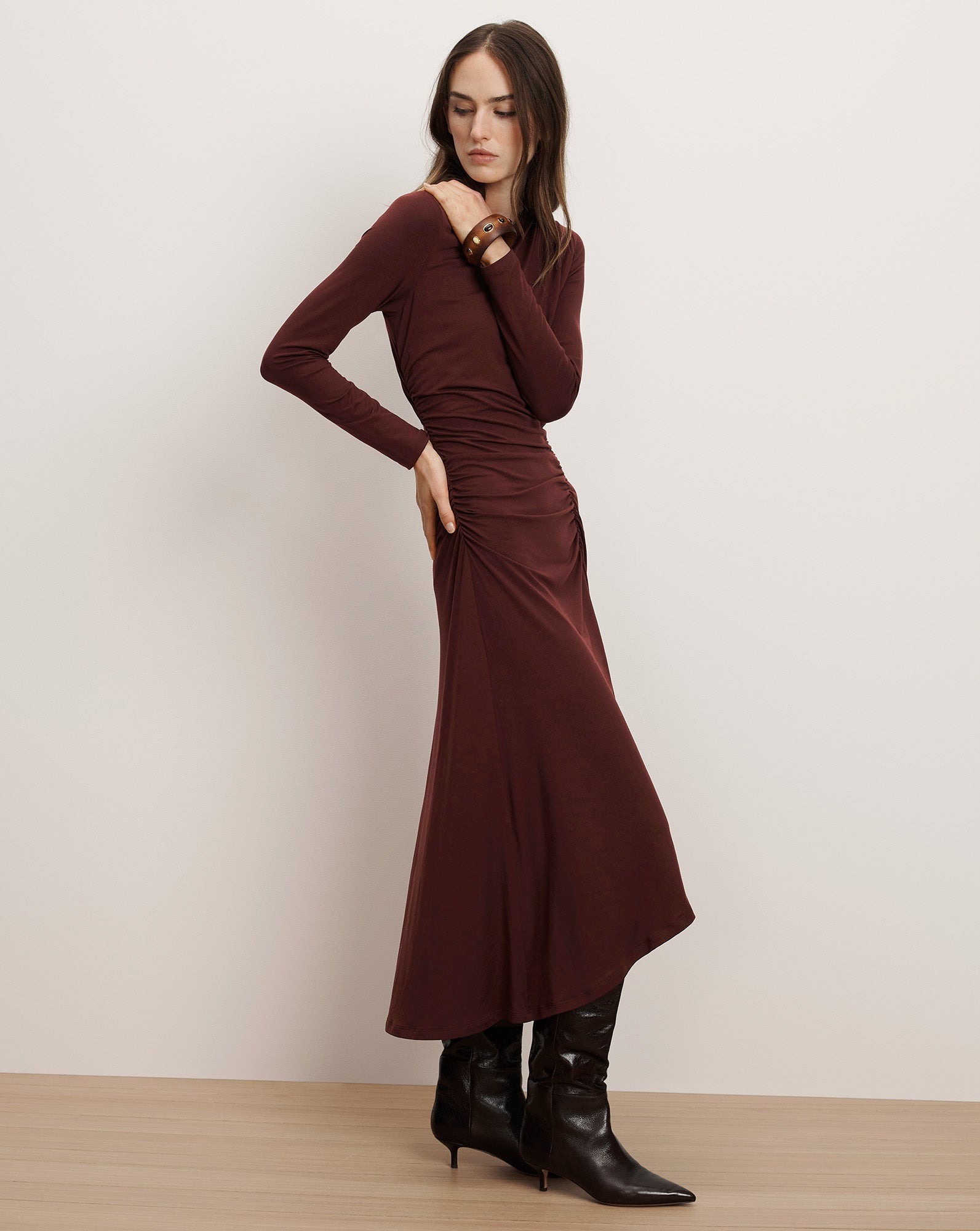Theodora Ruched Midi Dress in Raisin | Veronica Beard Theodora Ruched Midi Dress in Raisin | Veronica Beard