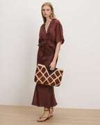 Veronica Beard Brown satin midi dress with V-neck and drawstring
