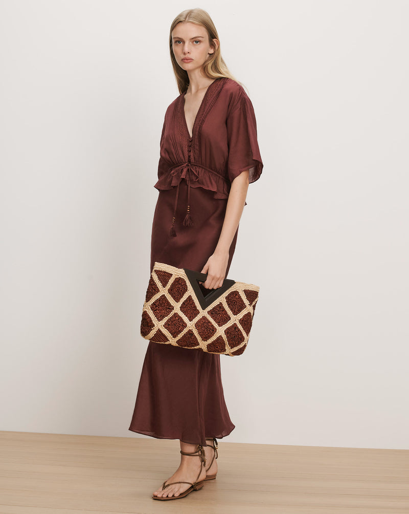 Veronica Beard Brown satin midi dress with V-neck and drawstring