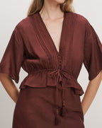 Veronica Beard Brown satin peplum blouse with pintucks and tassel