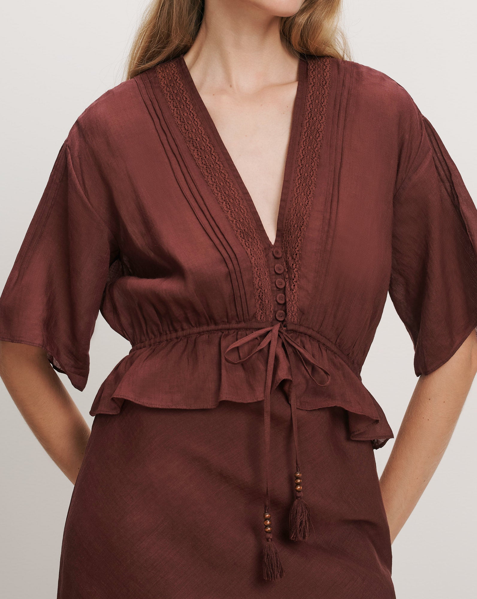 Veronica Beard Brown satin peplum blouse with pintucks and tassel