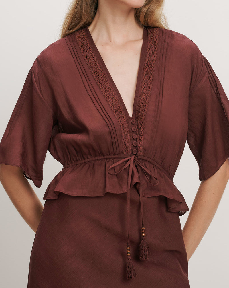 Veronica Beard Brown satin peplum blouse with pintucks and tassel