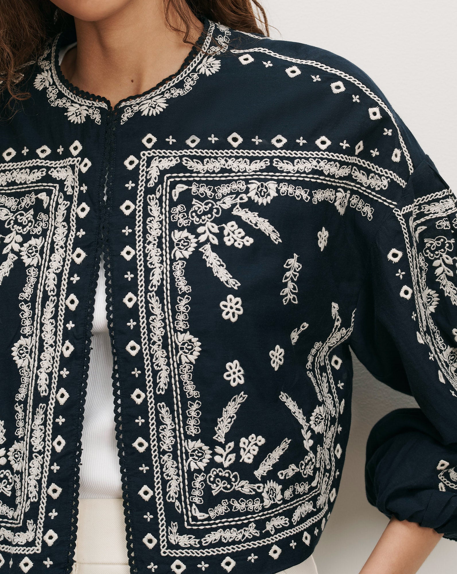 Drake Embroidered Jacket in Navy | Veronica Beard