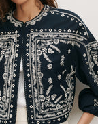 Veronica Beard Navy embroidered cotton jacket with white floral and