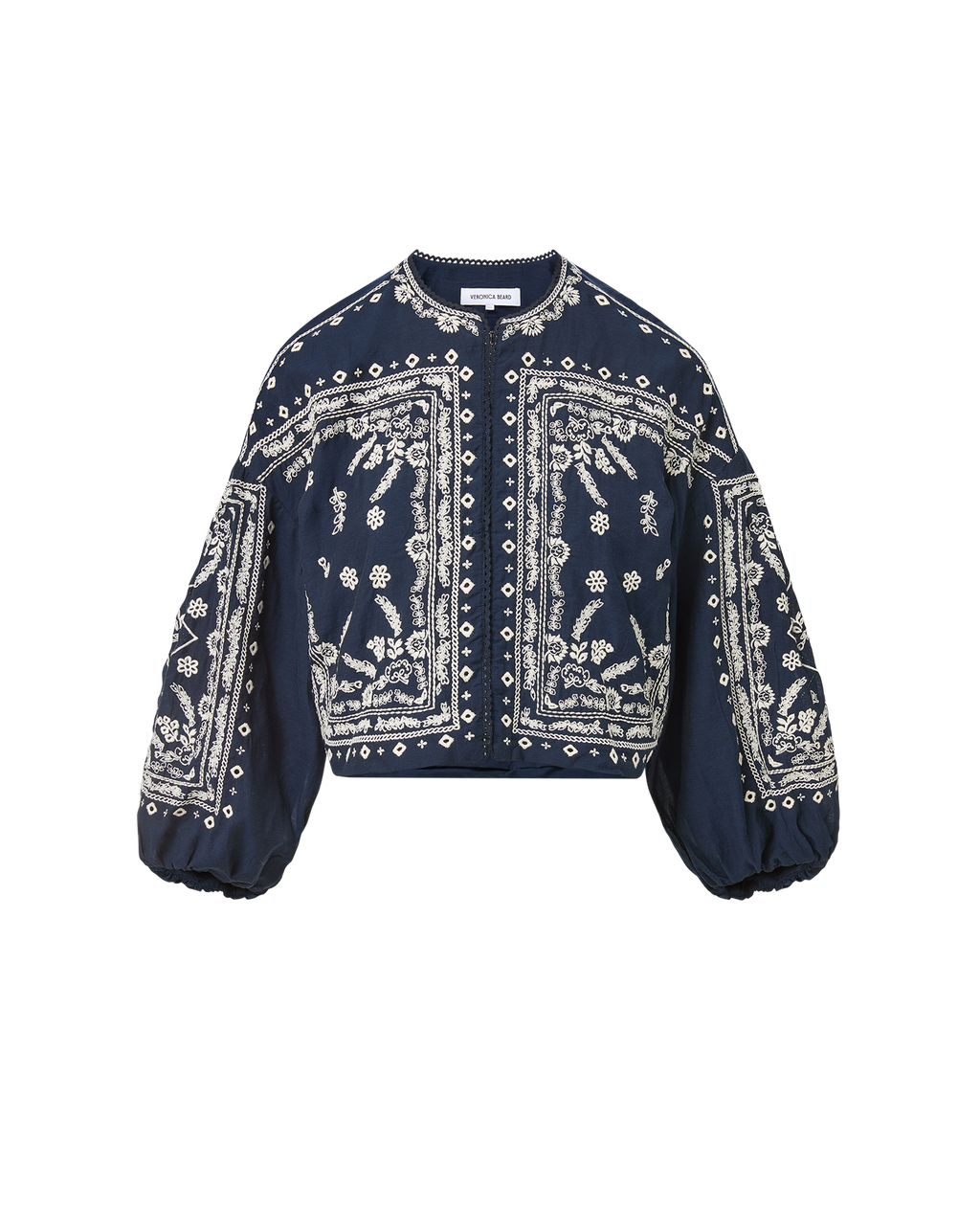 Veronica Beard Black embroidered jacket, white top, and white shorts.
