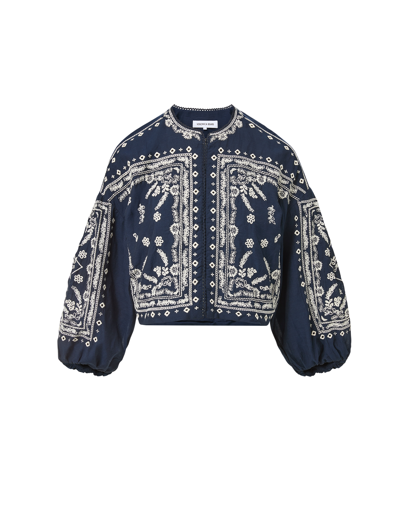 Veronica Beard Black embroidered jacket, white top, and white shorts.