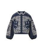 Veronica Beard Navy embroidered cotton bomber jacket with balloon sleeves.