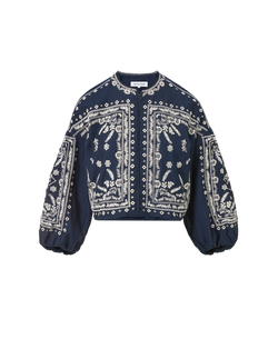 Veronica Beard Navy embroidered cotton bomber jacket with balloon sleeves.