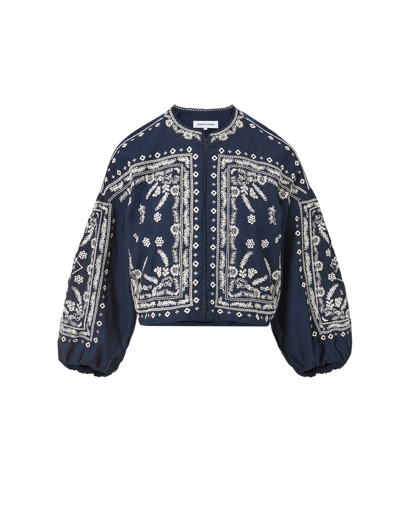 Veronica Beard Navy embroidered cotton bomber jacket with balloon sleeves.