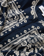 Veronica Beard Navy embroidered cotton blouse with white floral patterns.