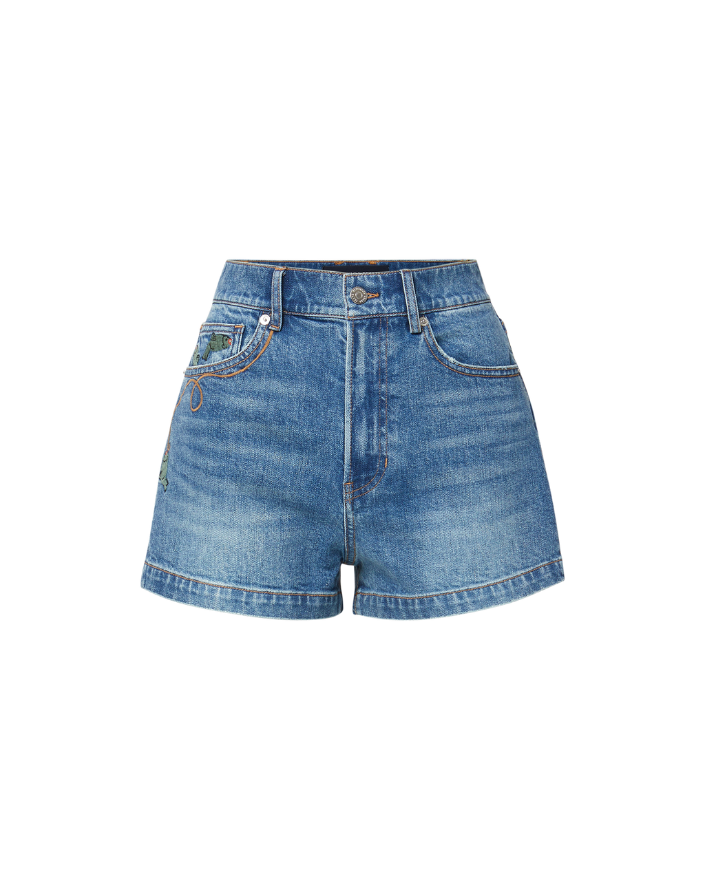 Veronica Beard White crewneck t-shirt and blue denim shorts.