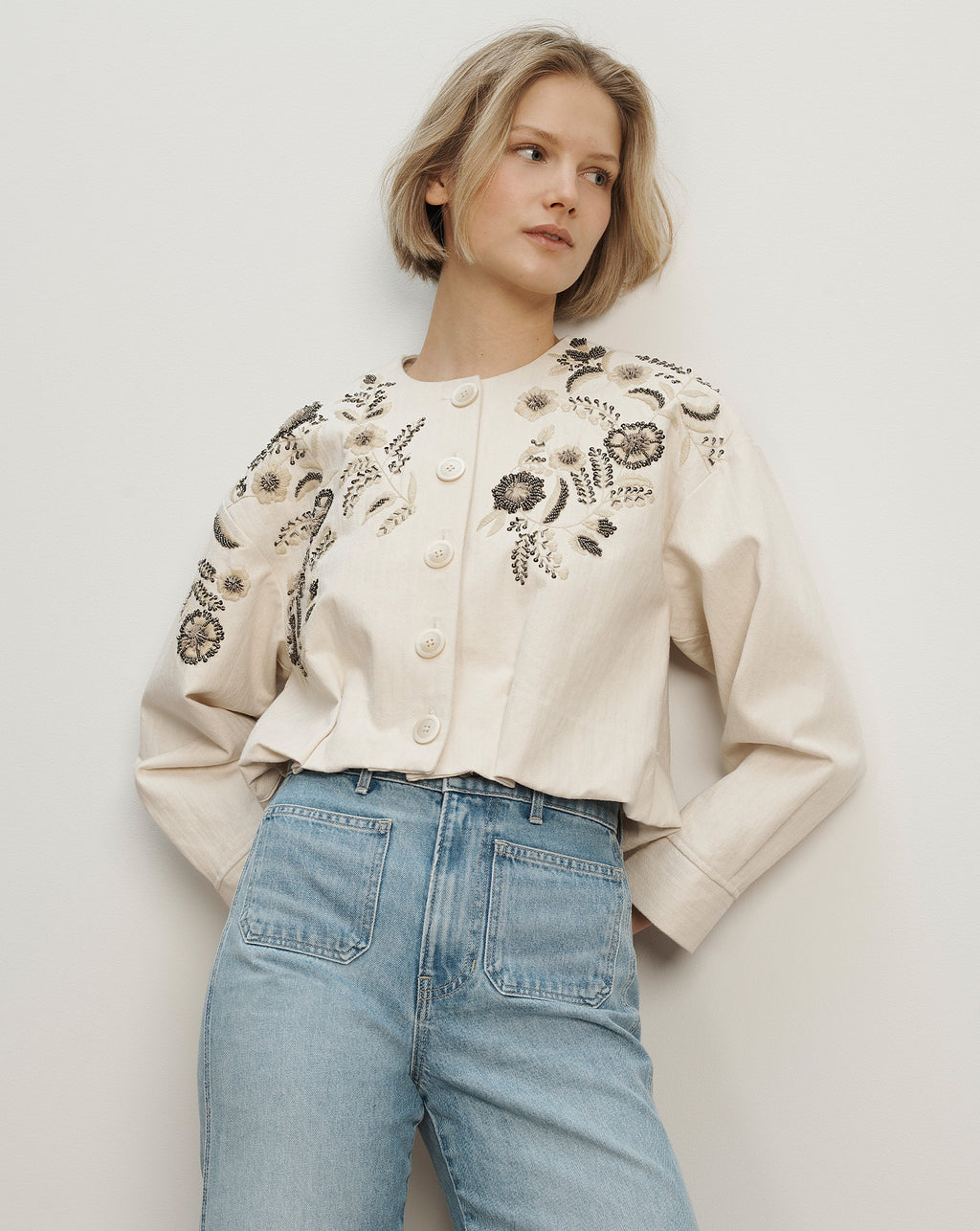 Veronica Beard Emeren Embroidered Jacket - Ecru