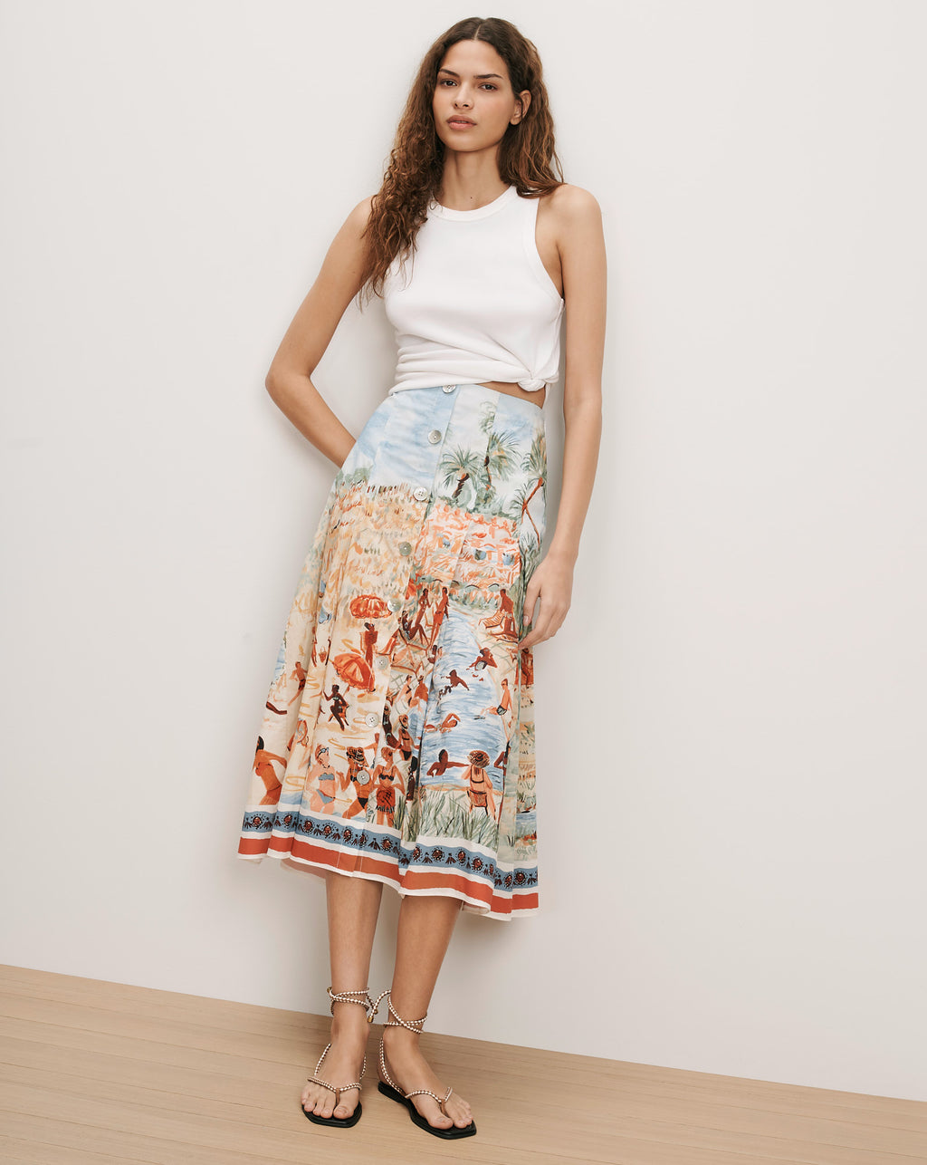 Veronica Beard White tank top and a colorful patterned midi