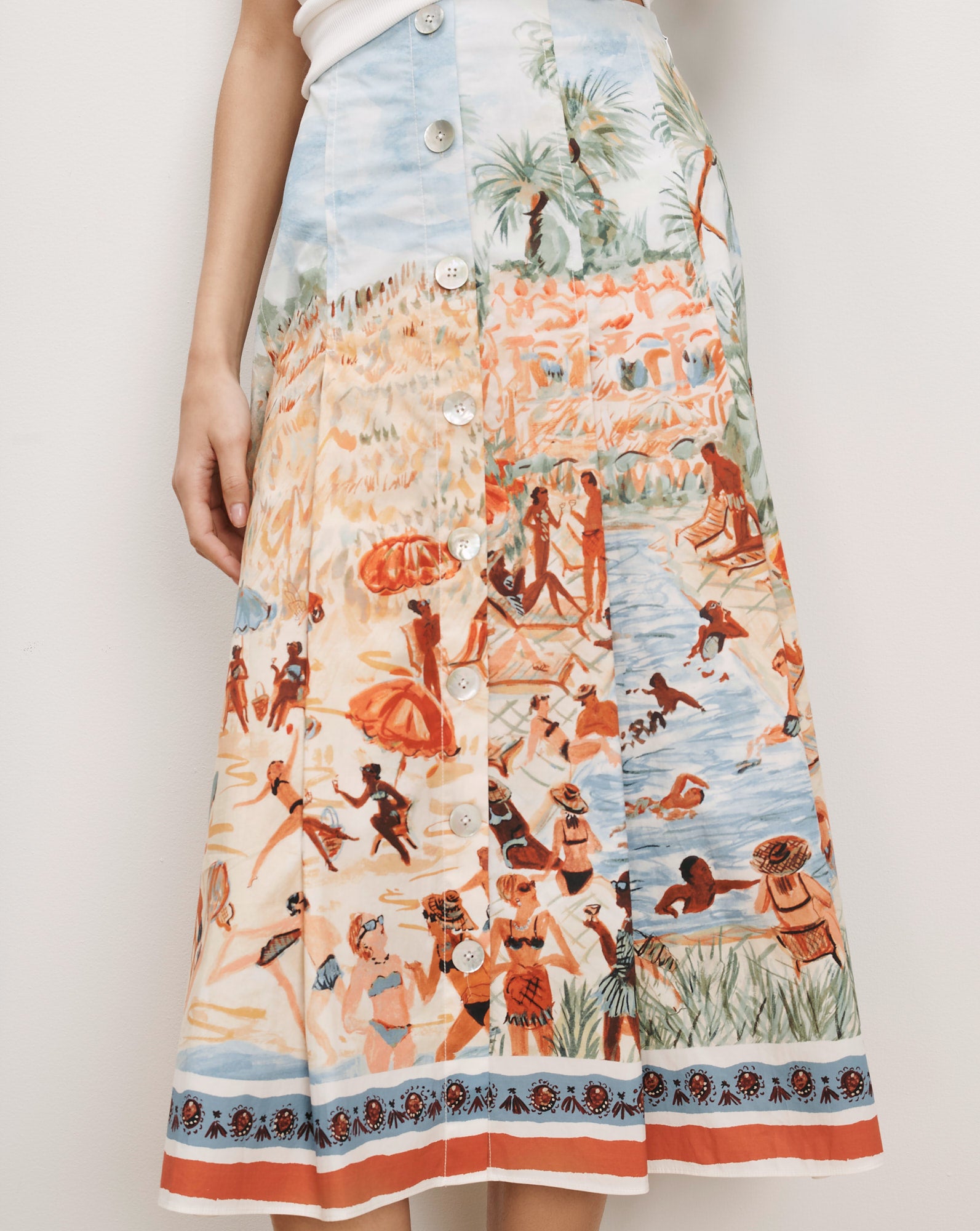 Veronica Beard White and blue button-front midi skirt with beach