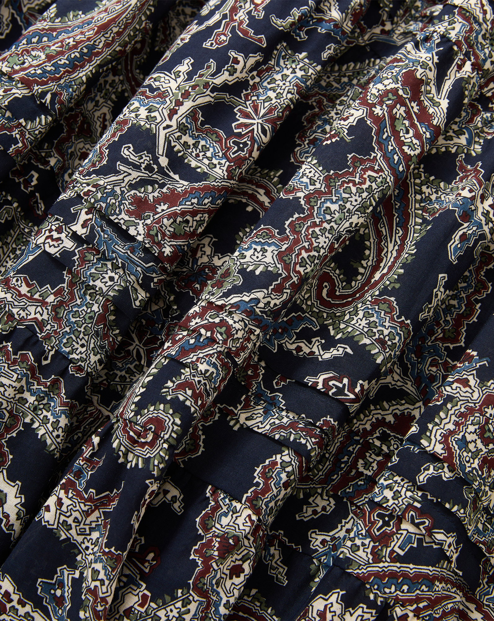 Veronica Beard Navy blue paisley print cotton skirt with gathered tiers.