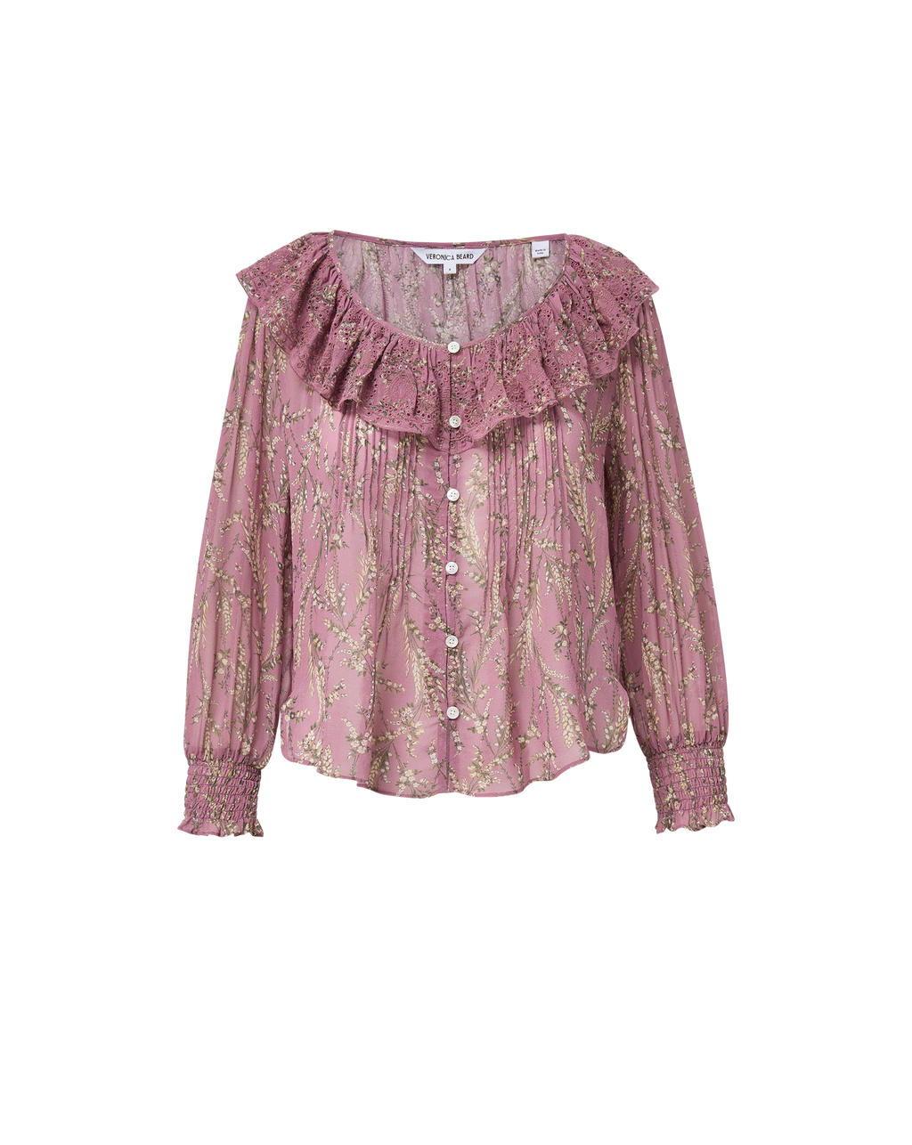 Veronica Beard Pink floral blouse with ruffled collar and shirred cuffs.