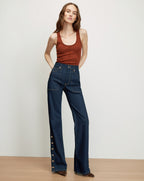 Veronica Beard Brown ribbed tank top, dark wash wide-leg jeans