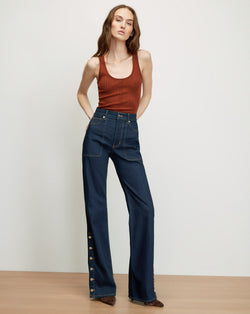 Veronica Beard Brown ribbed tank top, dark wash wide-leg jeans