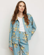 Veronica Beard Blue floral denim jacket with tan collar and