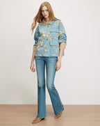Veronica Beard Blue floral denim jacket, tan collar, and flared