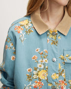 Veronica Beard Blue denim floral jacket with tan corduroy collar.