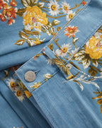 Veronica Beard Blue floral denim jacket and matching flared jeans.