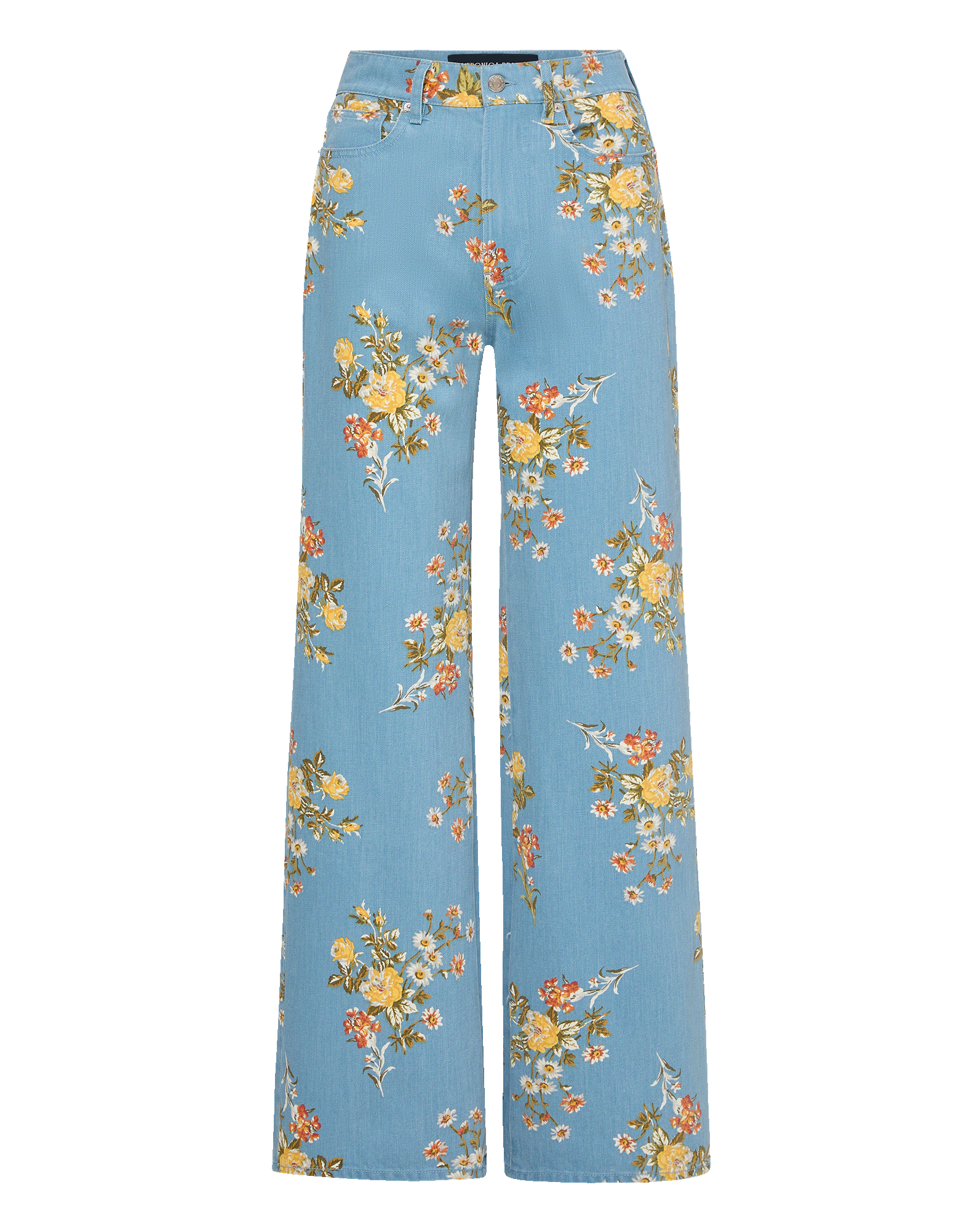 Veronica Beard Blue floral denim jacket and matching flared jeans.