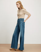 Veronica Beard Beige knit short-sleeve top and dark wash wide-leg