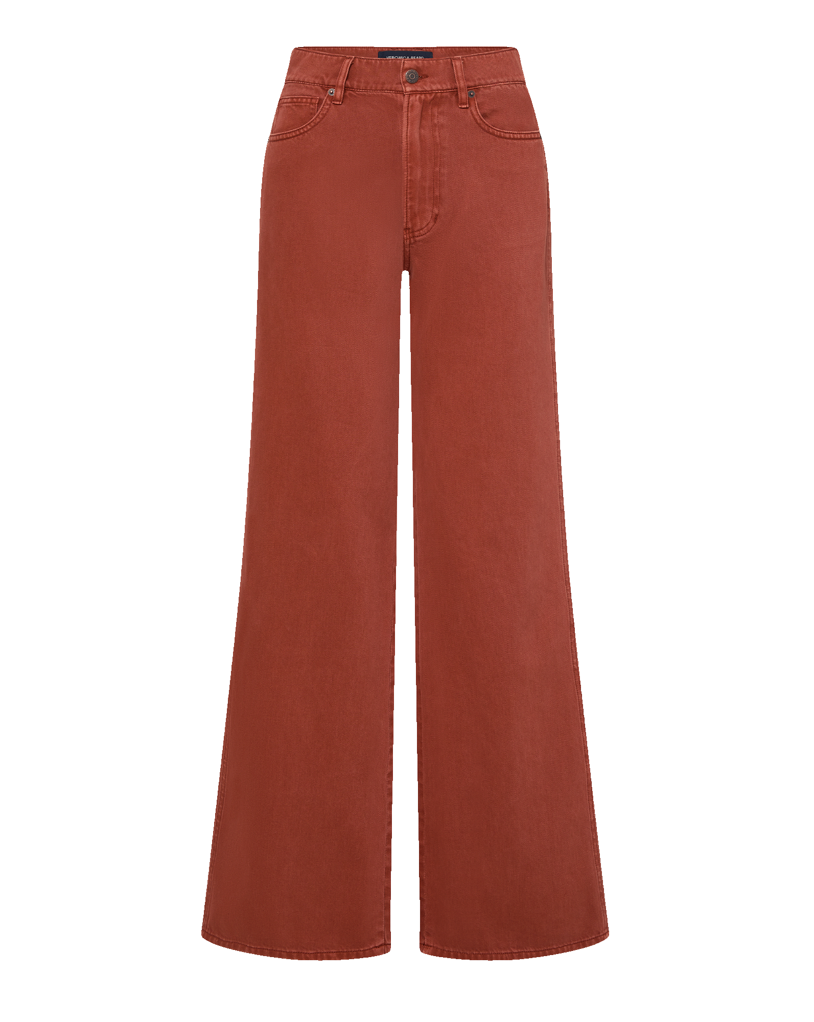 Veronica Beard Brown ribbed tank top, rust wide-leg jeans, and