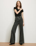 Veronica Beard Black t-shirt and dark gray wide-leg jeans with